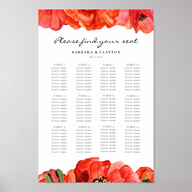 Poster Cartes de sièges mariage de couleur d'eau rouge (Devant)