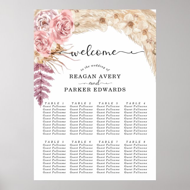 Poster Cartes de sièges mariage Pampas Grass Elégant (Devant)