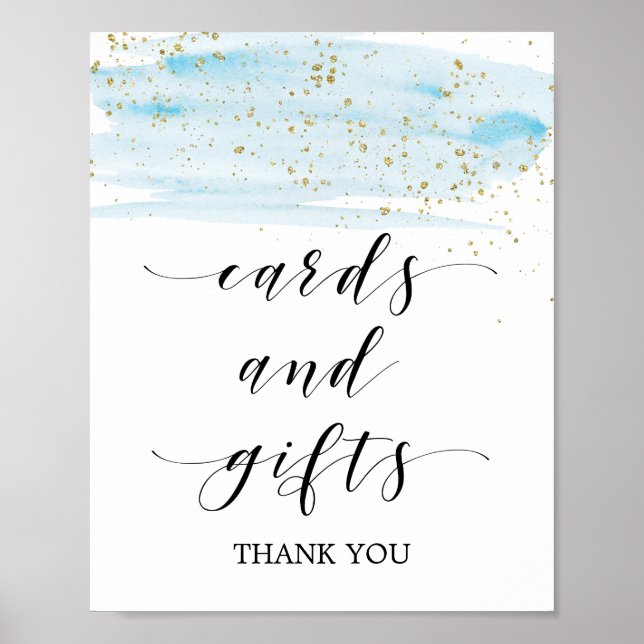 Poster Cartes et Cadeaux Aquarelle Bleu et Paillettes Dor (Devant)