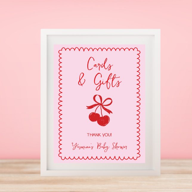 Poster Cartes et cadeaux Cerisier Bow Baby shower tiré ma (Cards & Gifts Cherry Bow Hand Drawn Baby Shower Poster)