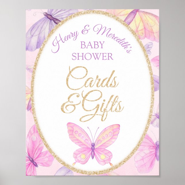 Poster Cartes et cadeaux de Baby shower de papillon rose  (Devant)