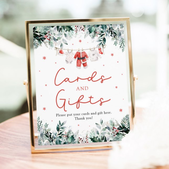 Poster Cartes et cadeaux de Baby shower Red Christmas Pèr (Watercolor Red Christmas Santa Baby Shower Cards and Gifts Sign)