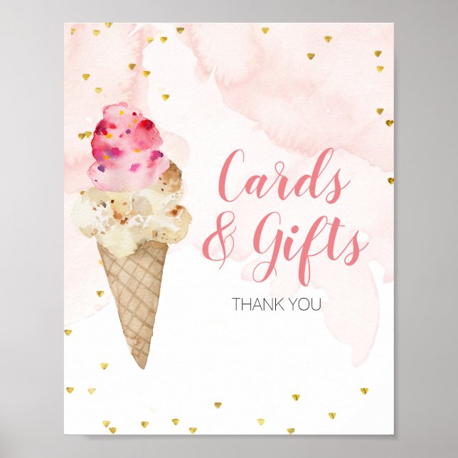 Poster Cartes et cadeaux de crème glacée rose et or (Devant)