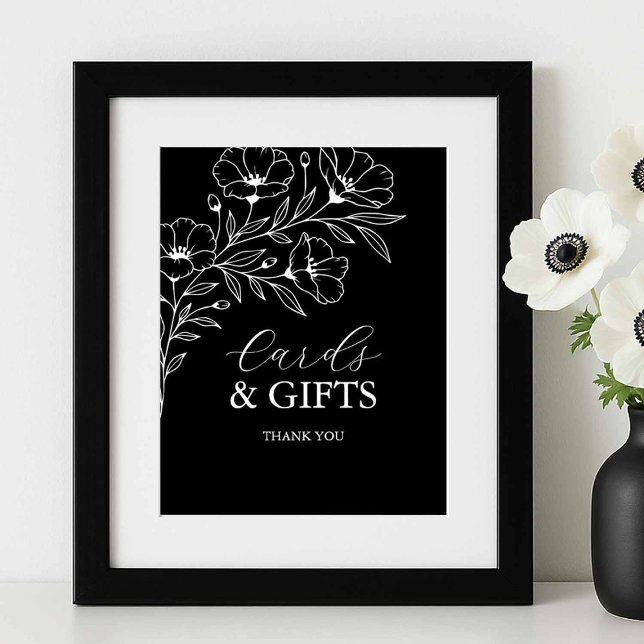 Poster Cartes et cadeaux de mariage noir et blanc (black and white wedding signs cards and gifts floral line art Victoria Grigaliunas of Tell A Belle)