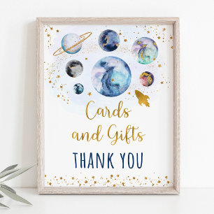 Poster Cartes et cadeaux en or bleu Space Signal d'annive