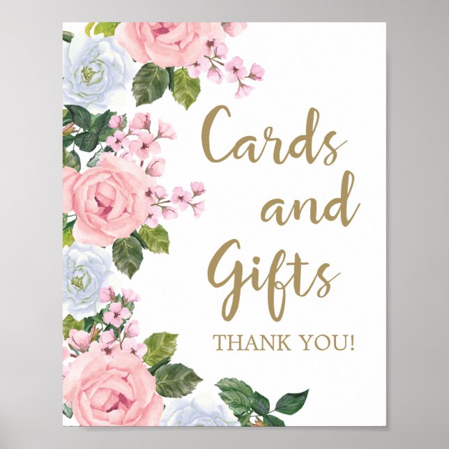 Poster Cartes et cadeaux floraux rose blanc Baby shower (Devant)
