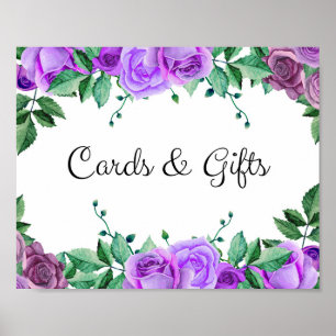 Poster Cartes et cadeaux. Roses violettes. Panneau de mar
