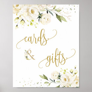 Poster Cartes et cadeaux Script Sign Roses blanches feuil
