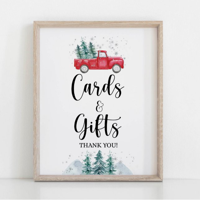 Poster Cartes et cadeaux Signe hiver Rouge Arbre de Noël  (Cards & Gifts Shower Sign, Winter Red Christmas Tree Pickup Truck Theme)