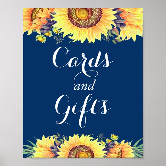 Poster Cartes et cadeaux Tournesols Mariage bleu marine (Devant)