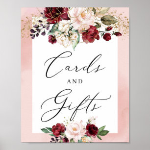 Poster Cartes florales et signes cadeaux rose-bordeaux