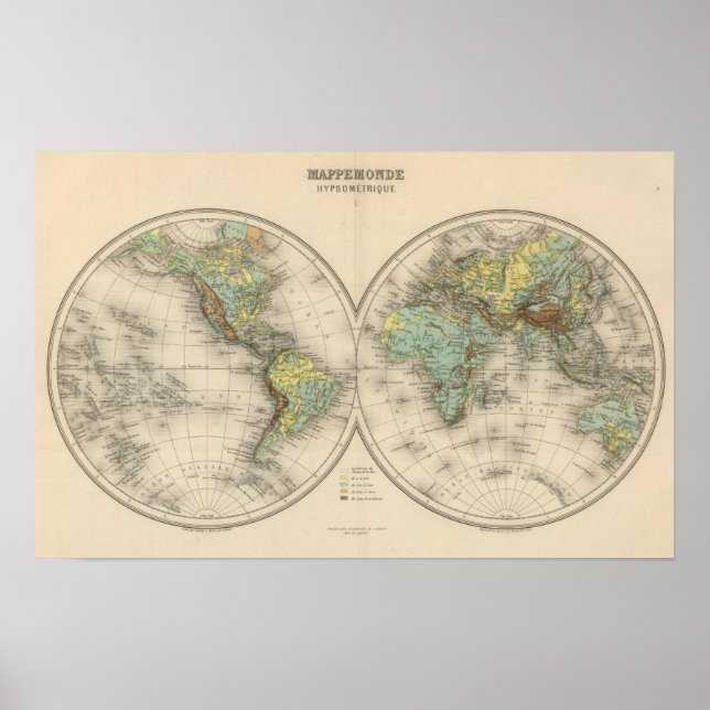 Poster Cartes hypsométriques mondiales (Devant)