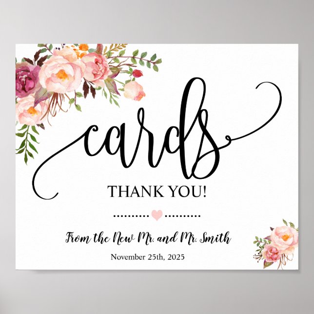 Poster Cartes signe douche mariage réception rose floral (Devant)