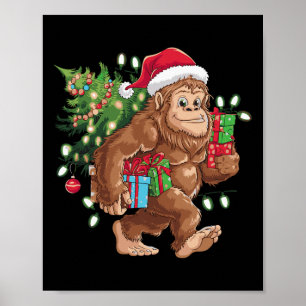 Poster Carton mignon Bigfoot Arbre de Noël Lumières Sasqu