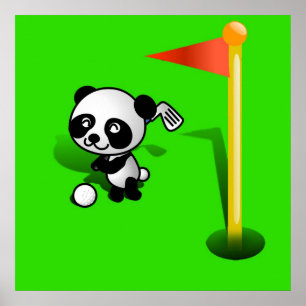 Poster Cartoon Baby Panda Bear Golfing sur le vert