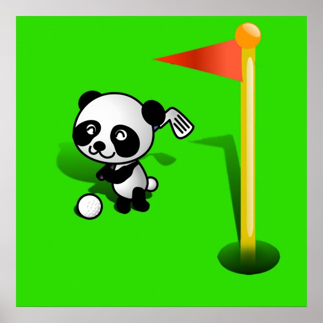 Poster Cartoon Baby Panda Bear Golfing sur le vert (Devant)
