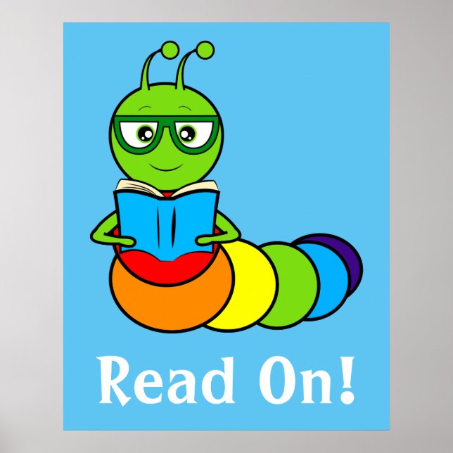 Poster Cartoon Bookworm avec livre et lunettes (Devant)