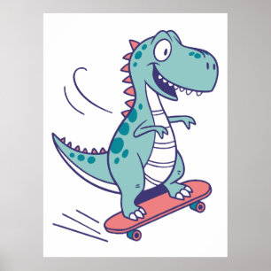 Poster Cartoon cool T-Rex sur skateboard