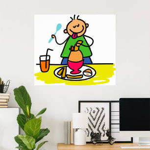 Poster Cartoon Kid Savourez un repas avec du jus et des o
