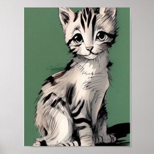 Poster Cartoon kitten rayé voix kitty vert