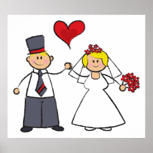 Poster Cartoon Mariage Couple Mariée & Groom Coeur rouge
