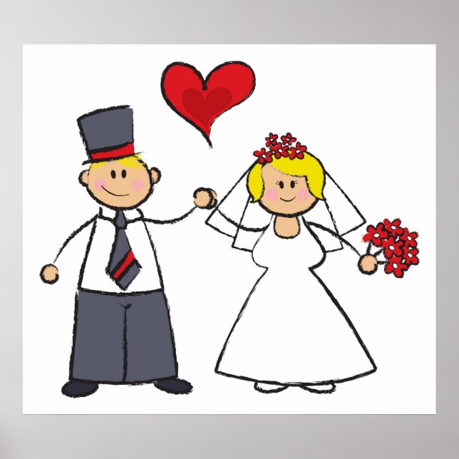 Poster Cartoon Mariage Couple Mariée & Groom Coeur rouge (Devant)