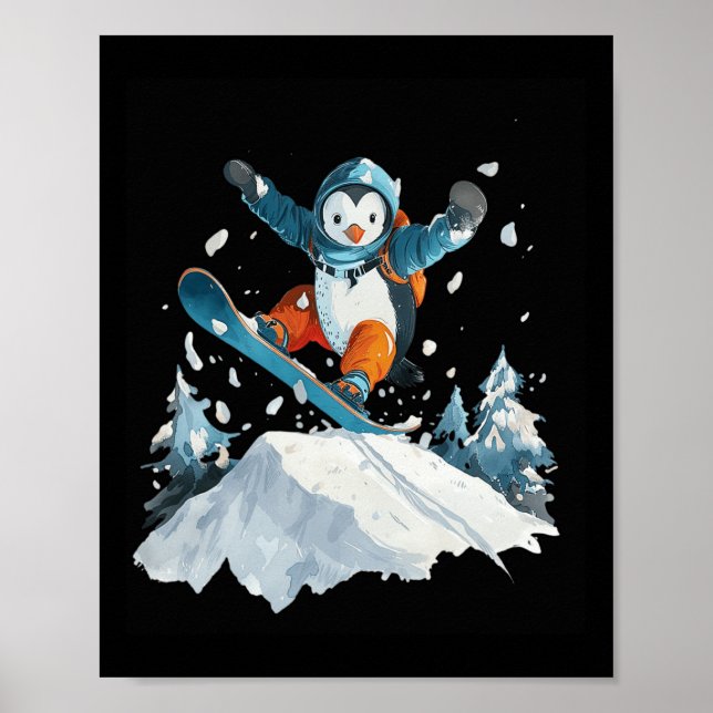 Poster Cartoon Penguin Snowboard Aventure Hiver (Devant)