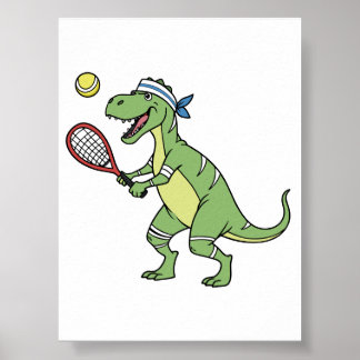 Poster Cartoon T-Rex Playing Tennis Wall Art Decor