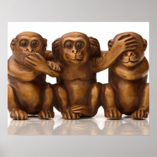 Poster Carving of three wooden monkeys