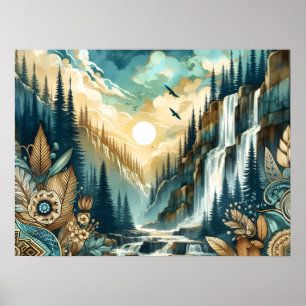 Poster Cascade de Forest Mountain Boho Motif naturel