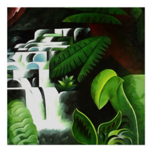 Poster Cascade De Forêt Verdoyante En Style Art Géométriq