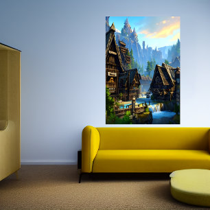 Poster Cascade de la ville viking et montagne   Art AI