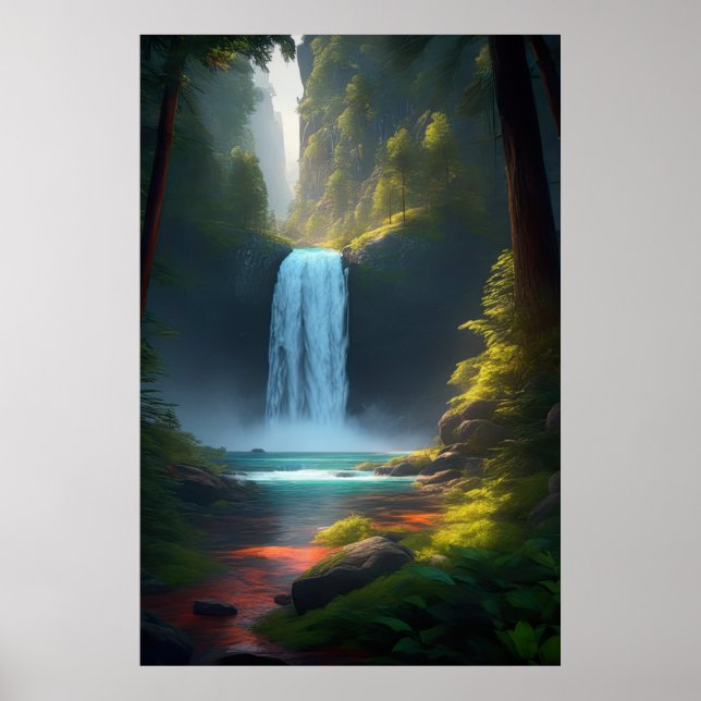 Poster Cascade forte dans la forêt calme (Devant)