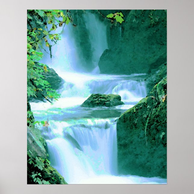 Poster Cascade serène en bleu et vert (Devant)