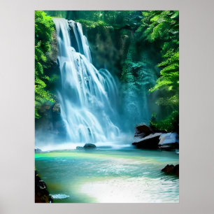 Poster Cascade serène en bleu pâle et vert