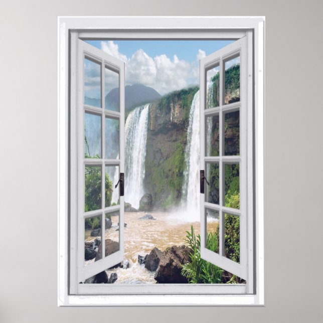 Poster Cascade Vue Trompe l'oeil Fenêtre Faux (Devant)