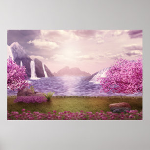 Poster Cascades et cerisiers autour d'un lac