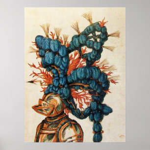POSTER CASQUE DE CHEVALIER ANTIQUE AUX FEUILLES BLEU ROUG