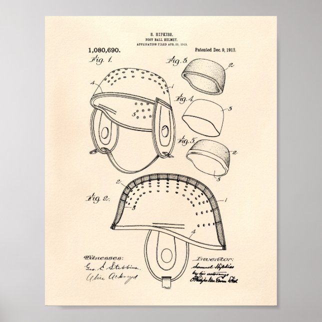 Poster Casque de football 1913 Brevet Art Vieux Poivre (Devant)