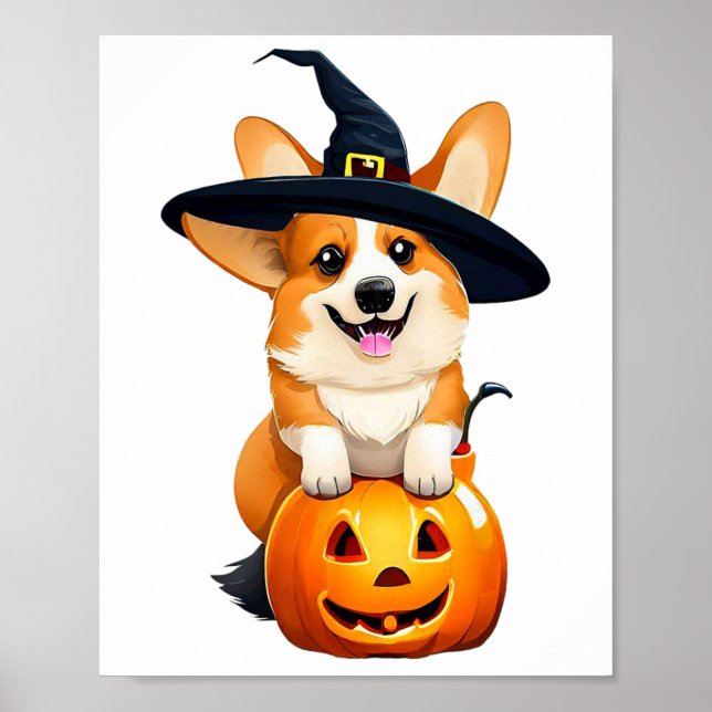 Poster Casquette de sorcière Halloween Corgi (Devant)