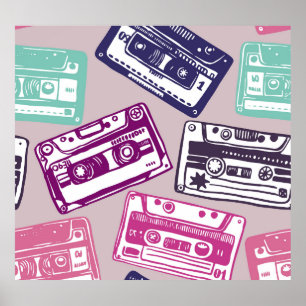Poster cassettes rétro, motif dessiné à la main.