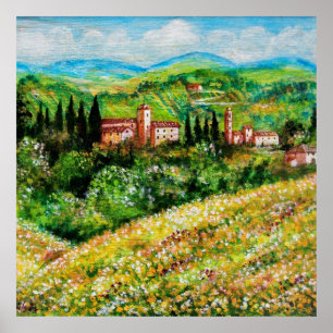 POSTER CASTELS EN CHIANTI PAYSAGE, CHAMPS DE FLEURS JAUNE