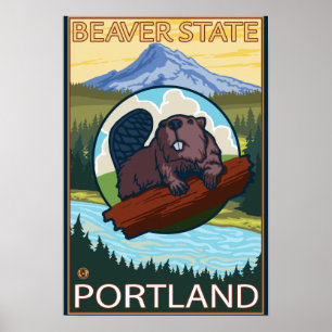 Poster Castor et capot de Mt. - Portland, Orégon