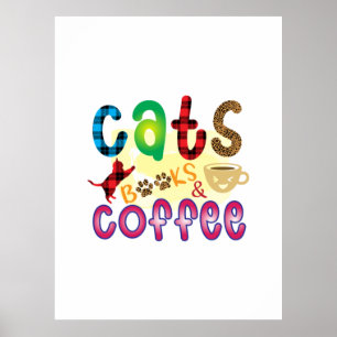 Poster Cat Art Chats Livres Café