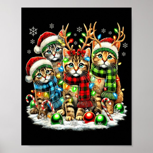 Poster Cat Christmas Light Reindeer Santa Christmas Cats  (Devant)