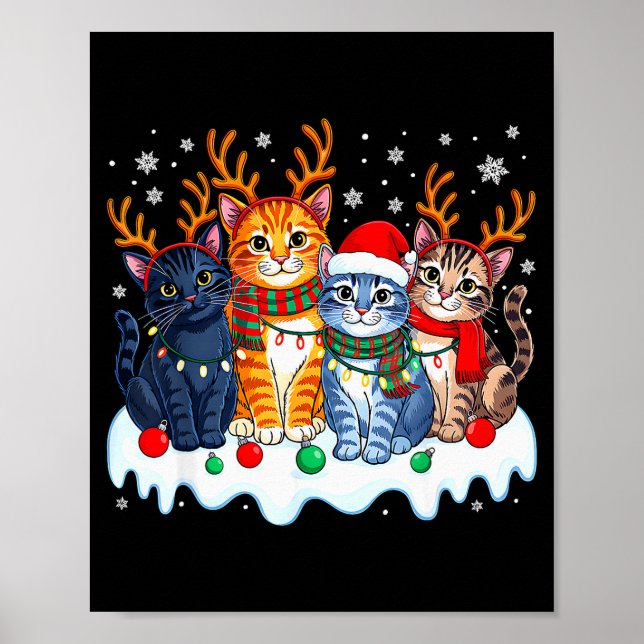 Poster Cat Christmas Light Reindeer Santa Christmas Funny (Devant)