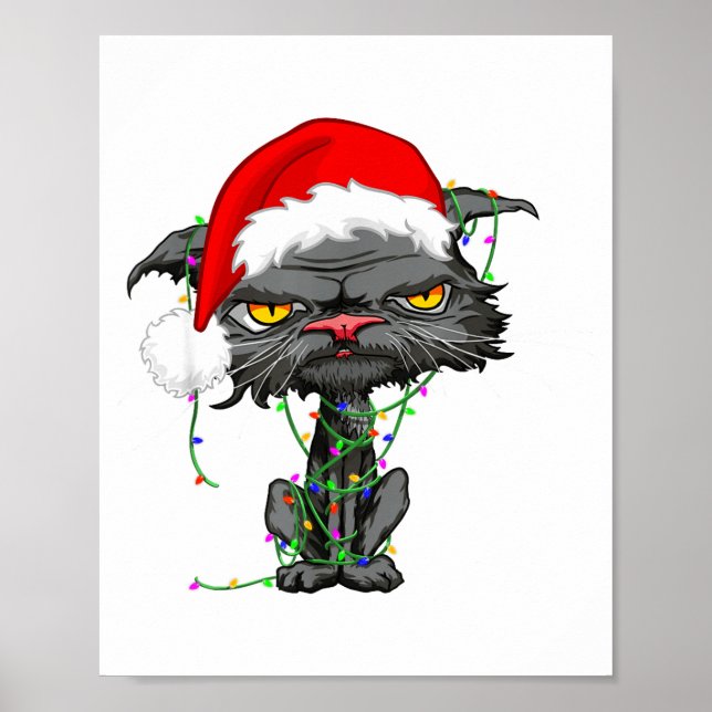 Poster Cat Christmas Lights Bored Cat Santa Hat Funny Cat (Devant)