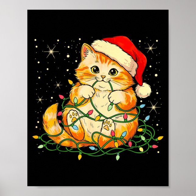 Poster Cat Christmas Lights Santa Hat Xmas Cats Lover Pet (Devant)