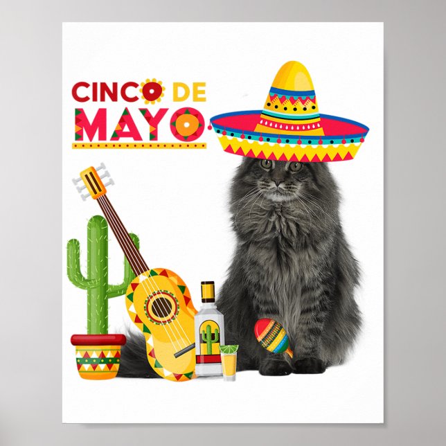 Poster Cat Cinco De Mayo Aimer Guitare Cactus Boire Amour (Devant)