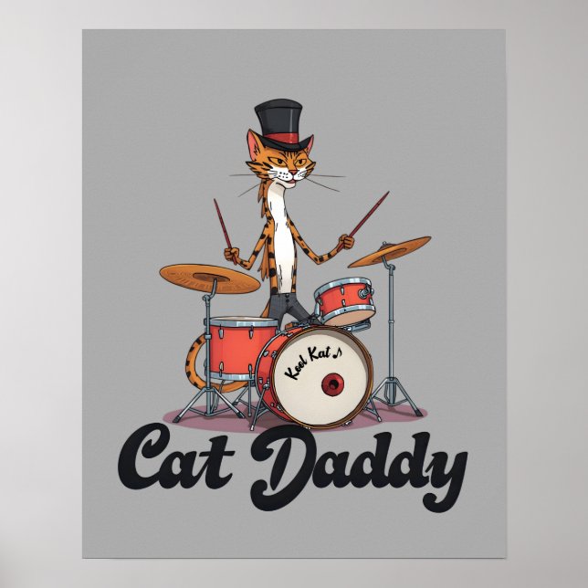 Poster Cat Daddy Musician Drummer | Tabby Cats Lover Art (Devant)
